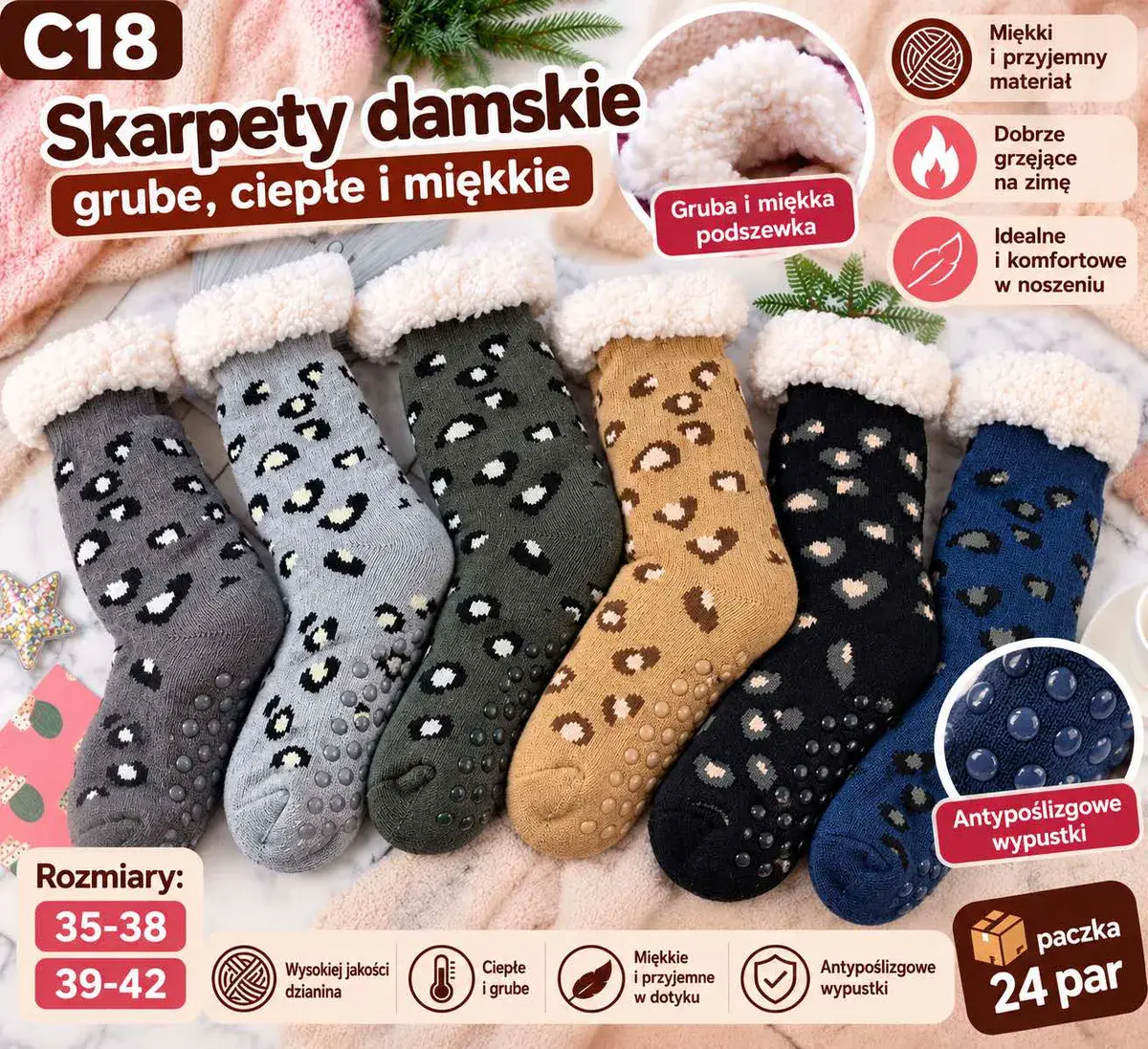 Skarpety damskie grube ciepłe z antypoślizgowymi wypustkami 35-42