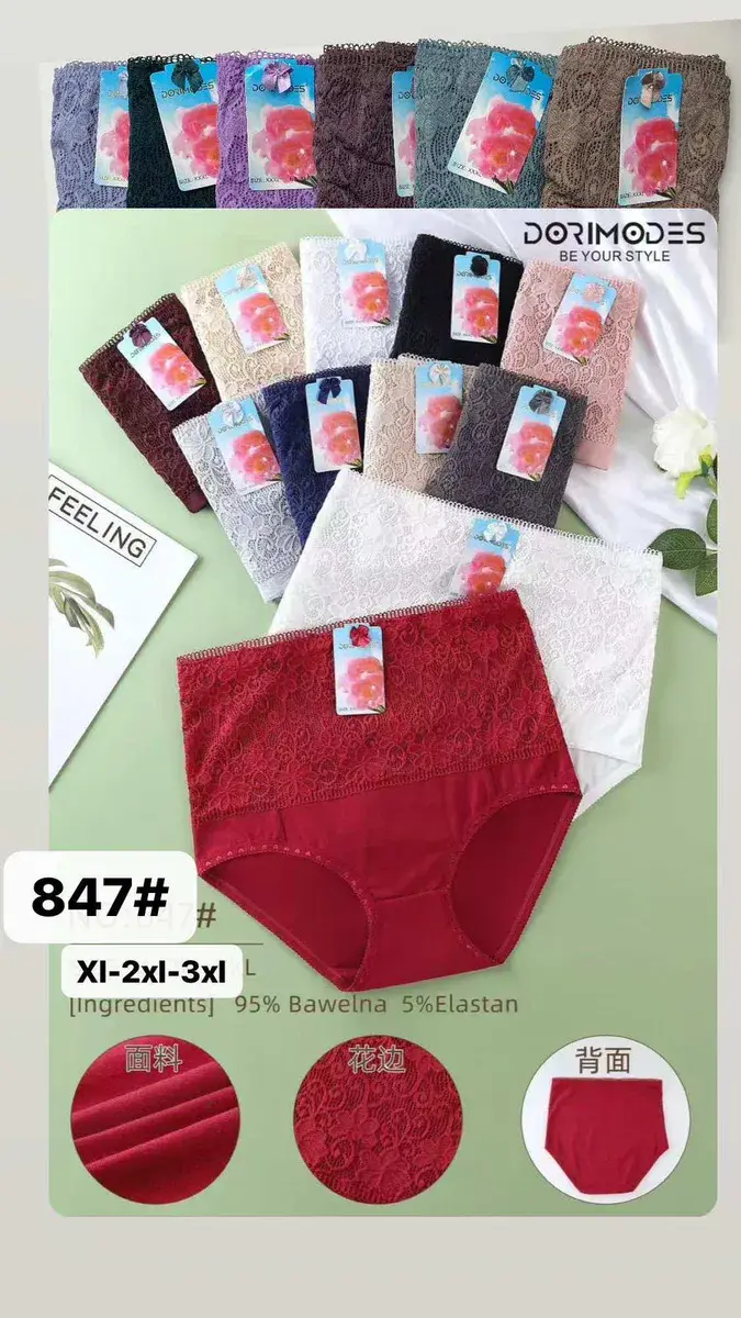 Majtki damskie z koronką bawełniane 95% bawełna 5% elastan, w wielu kolorach