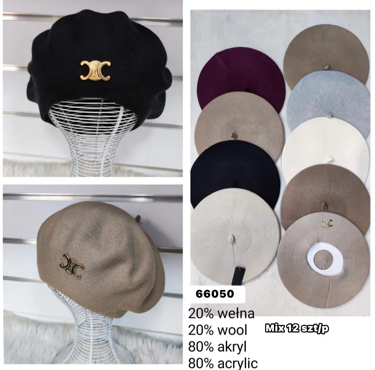 Czapki damskie berety 20% wełna 80% akryl mix 12 szt