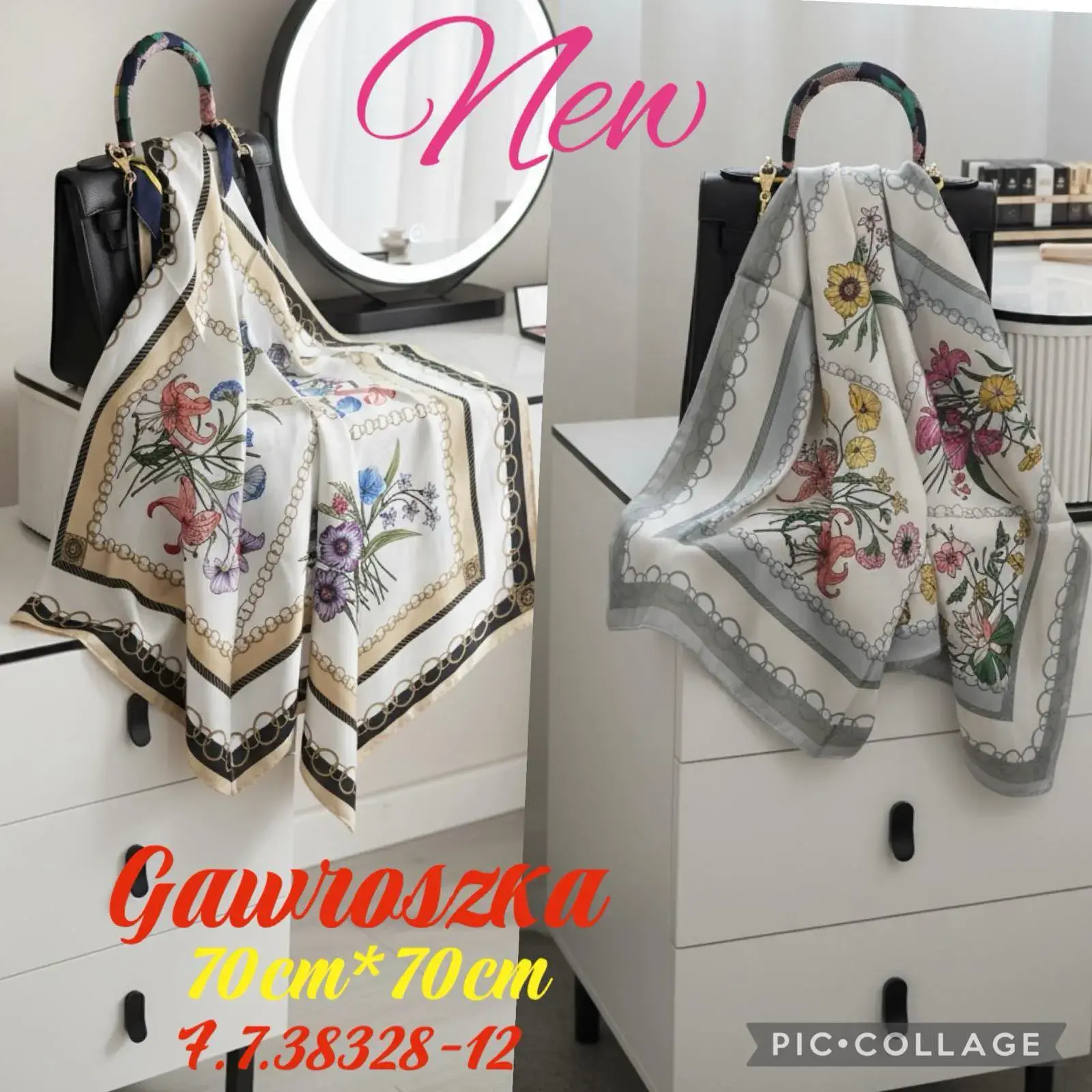 Chusta Damska Kwiatowa 70cm x 70cm, beżowo-kremowa