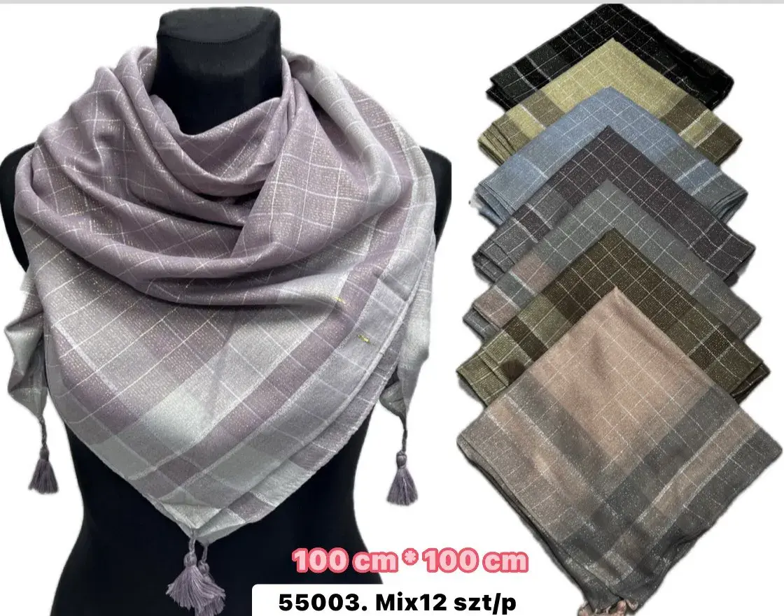 Chusta damska w kratę 100x100 cm z frędzlami mix kolorów – wzór 2