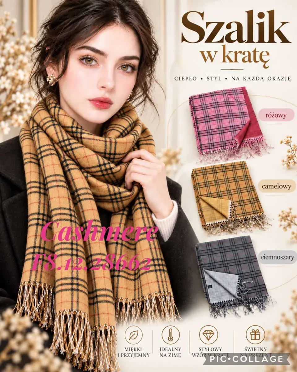 Szalik w kratę camelowy miękki i stylowy na zimę