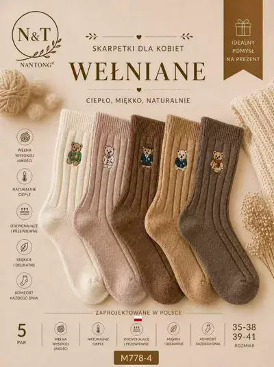Wełniane skarpetki damskie ciepłe miękkie 5 par rozmiar 35-41, w wielu kolorach