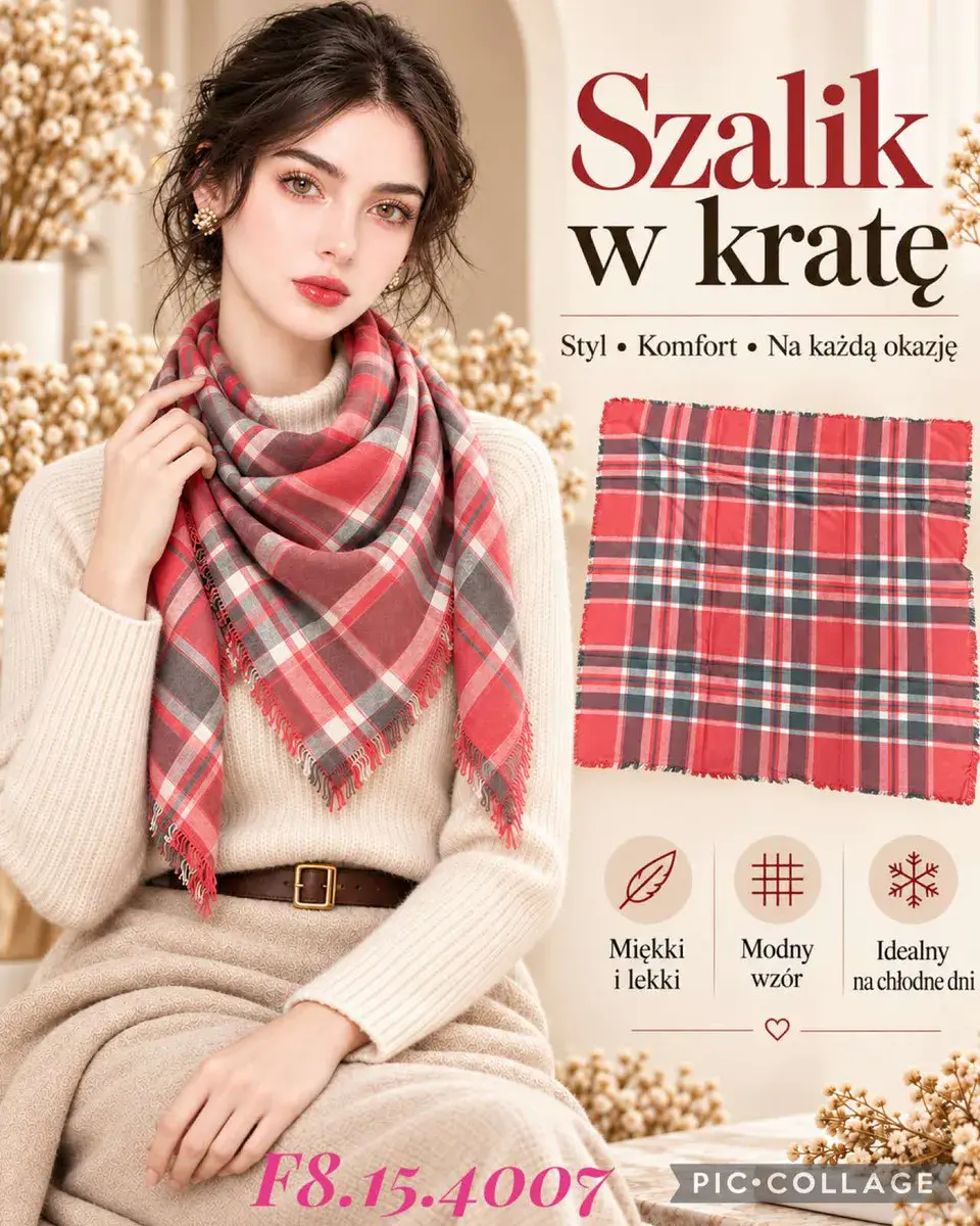 Szalik w kratę czerwono-szary miękki i lekki na chłodne dni