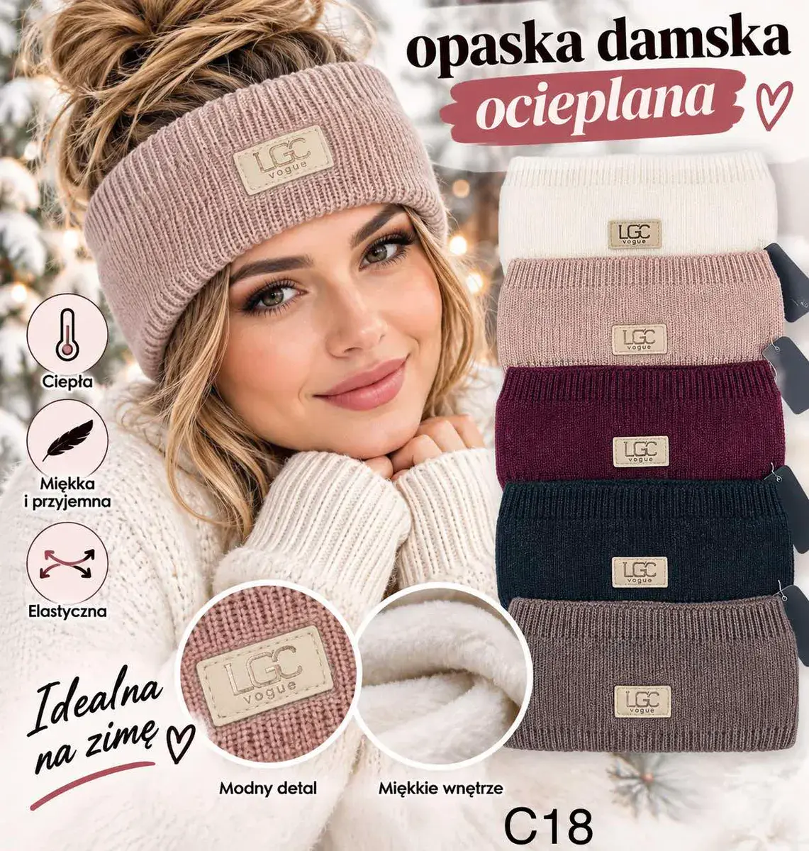 Opaska damska ocieplana LGC Vogue miękka i elastyczna, w wielu kolorach