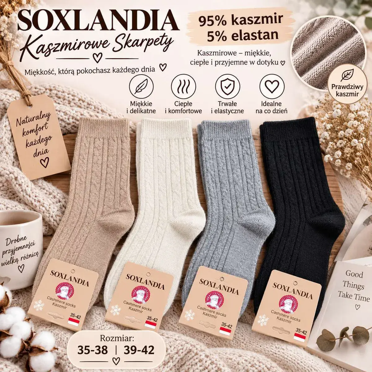 Skarpety kaszmirowe Soxlandia 95% kaszmir 35-42 mix kolorów – wzór 2