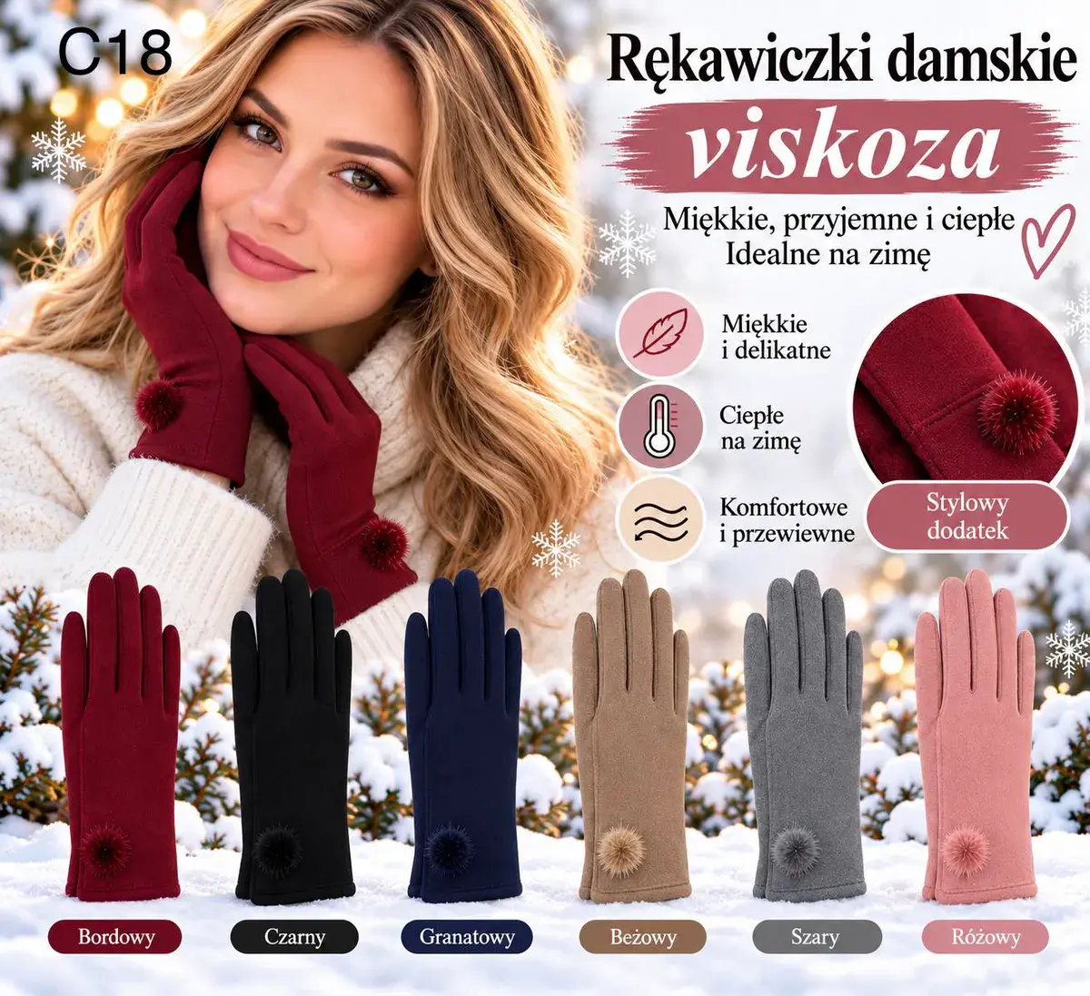 Rękawiczki damskie z wiskozy ciepłe i miękkie na zimę