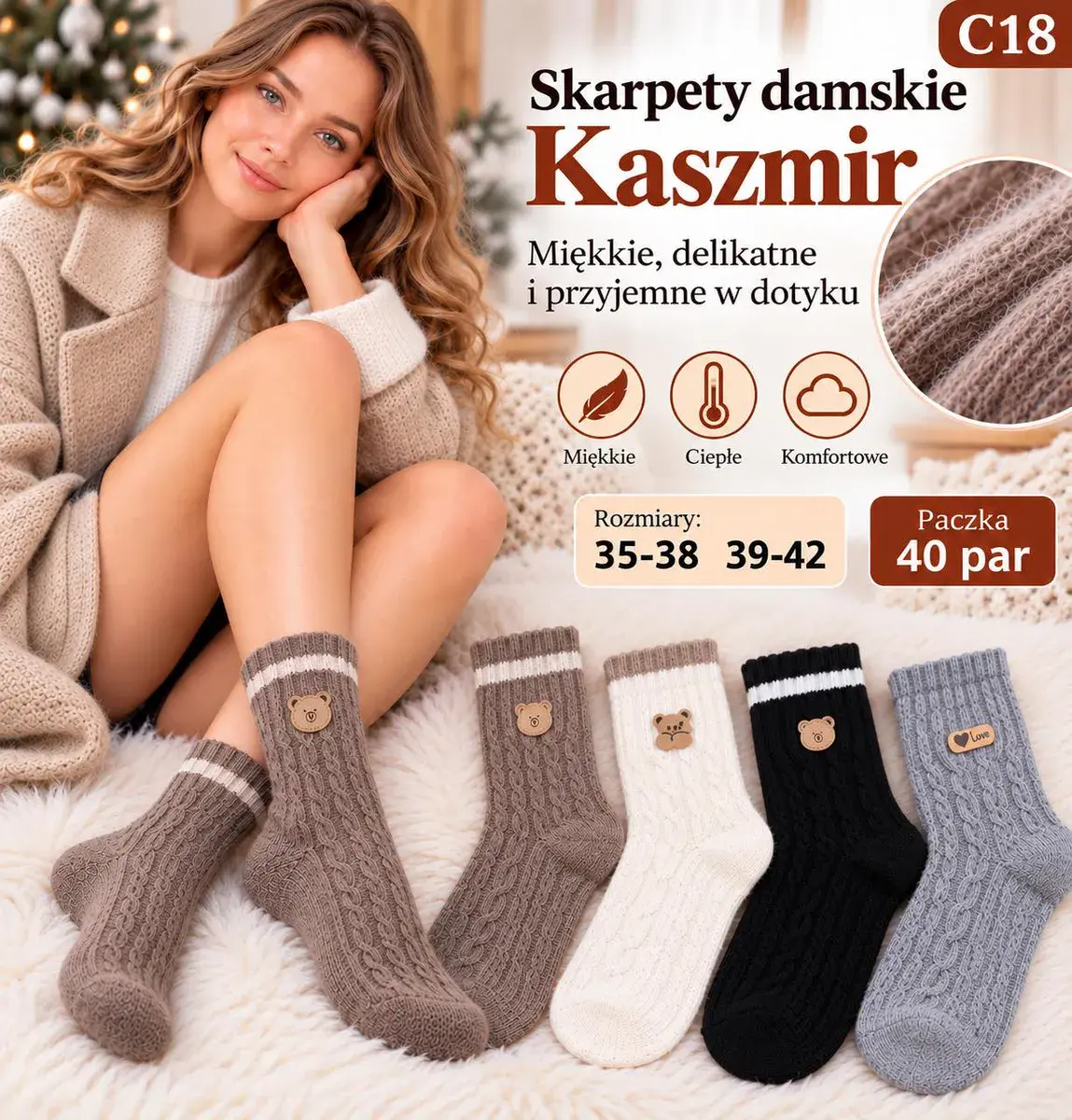 Skarpety damskie kaszmir miękkie ciepłe komfortowe 35-42