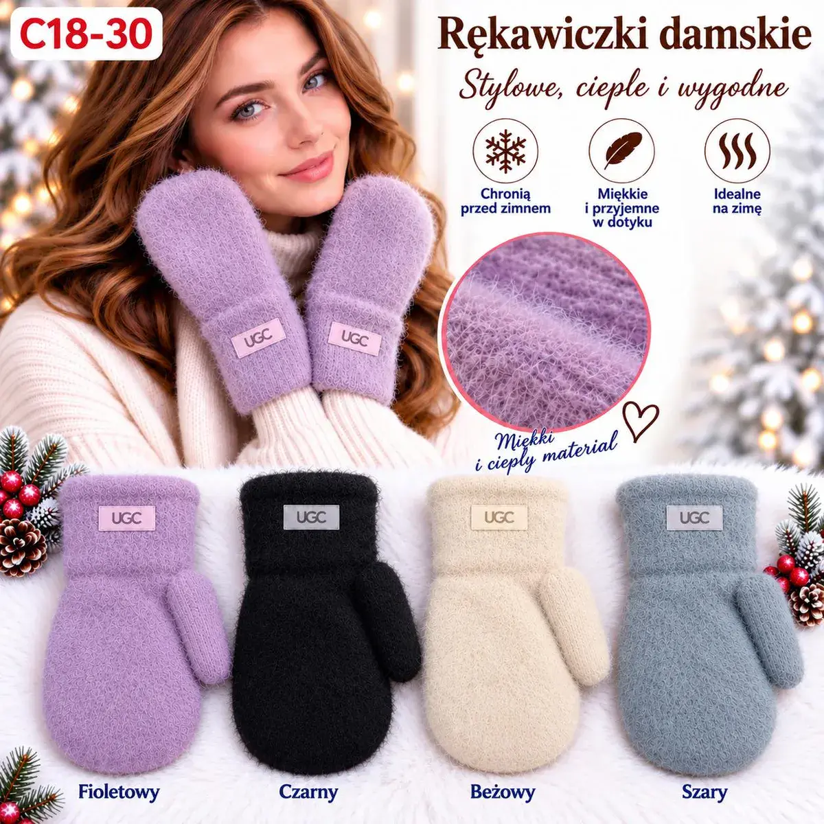 Rękawiczki damskie miękkie ciepłe na zimę UGC różne kolory