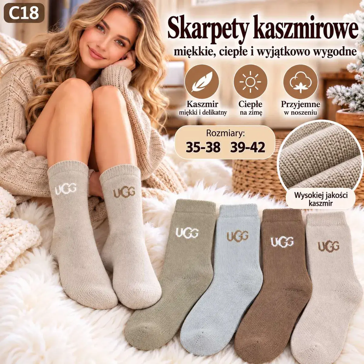 Skarpety kaszmirowe ciepłe miękkie beżowe i brązowe rozmiary 35-42