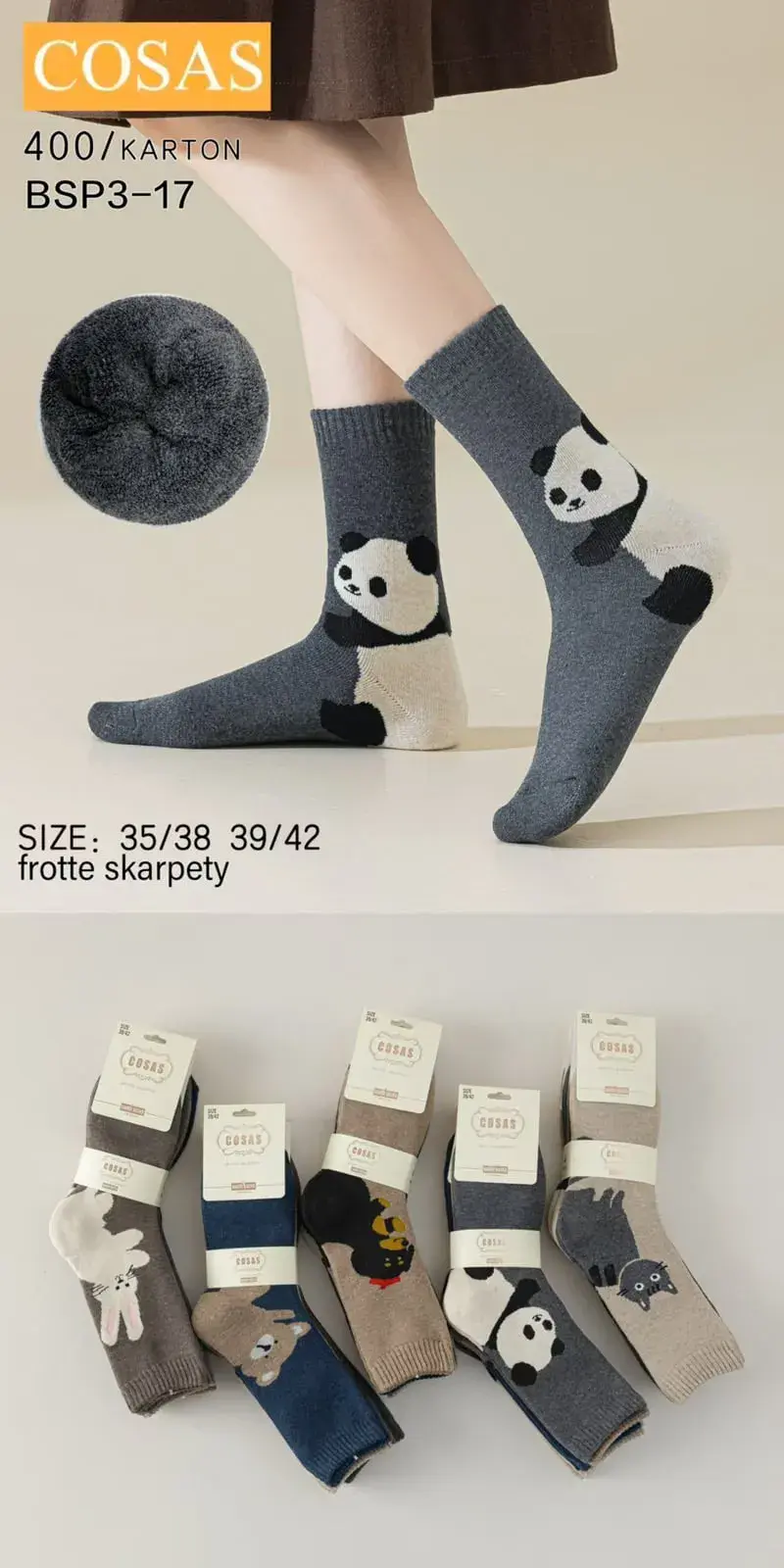 Skarpetki męskie frotte z pandą, rozmiar 38/39-42, szare