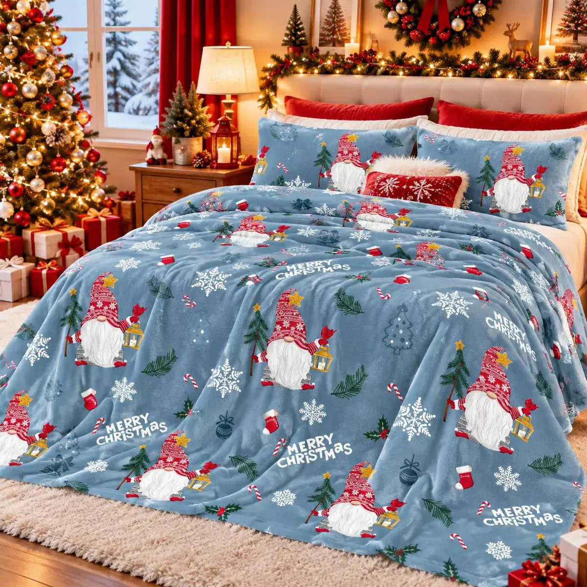 Miękki koc świąteczny 160x200 cm z motywem gnomów i napisem Merry Christmas