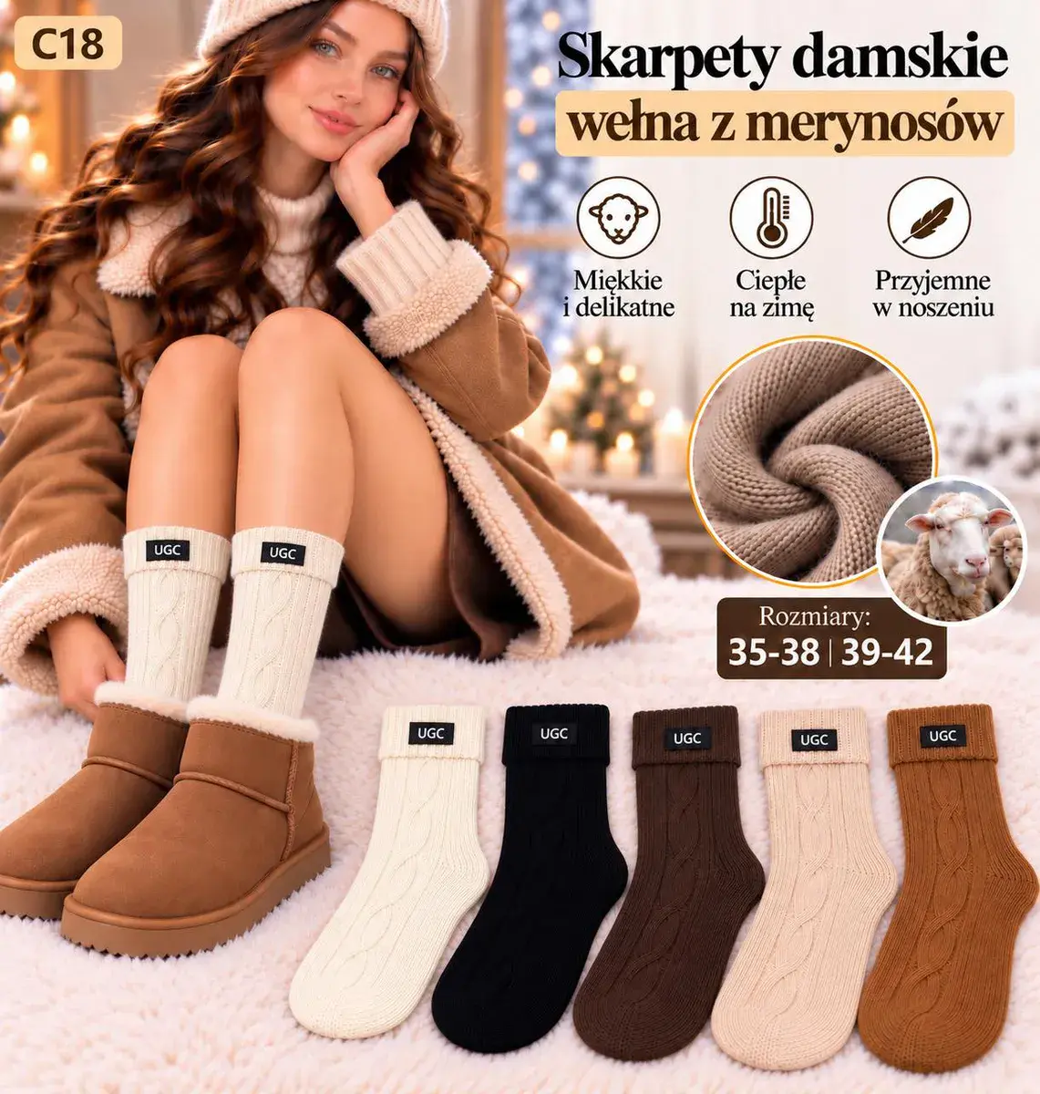 Skarpety damskie z wełny merynosów ciepłe i miękkie 35-42