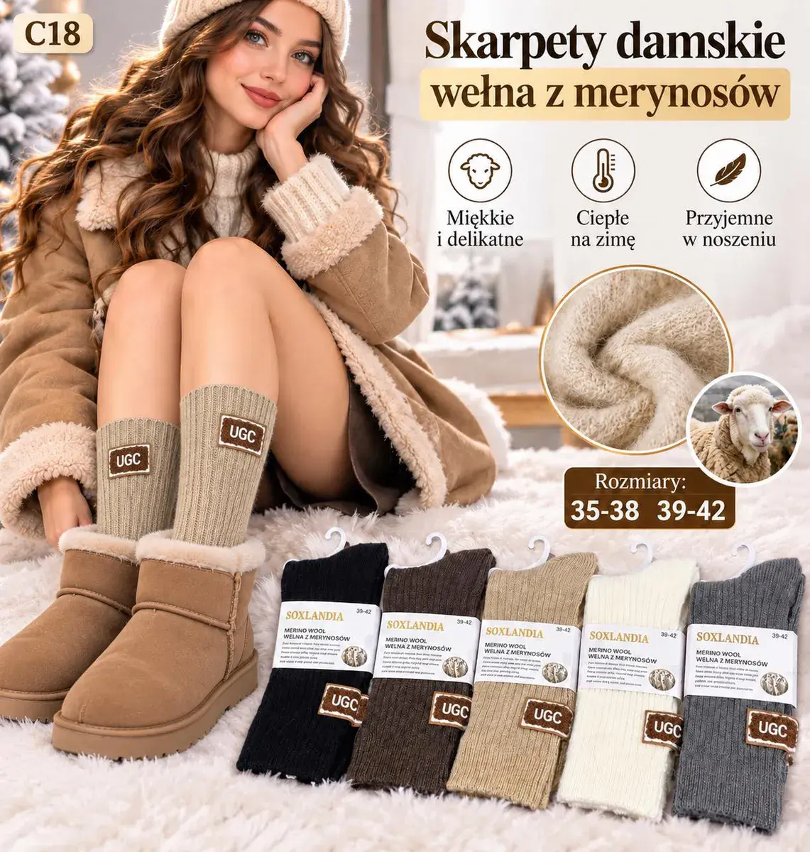 Skarpety damskie z wełny merynosów Soxlandia ciepłe na zimę