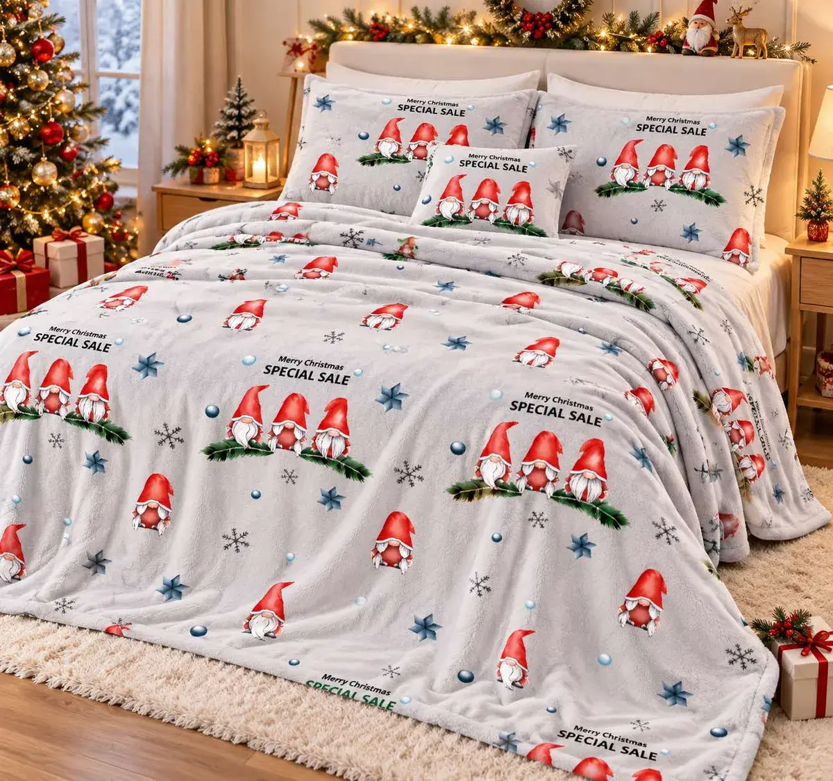 Miękki koc świąteczny 160x200 cm z motywem krasnali i napisem