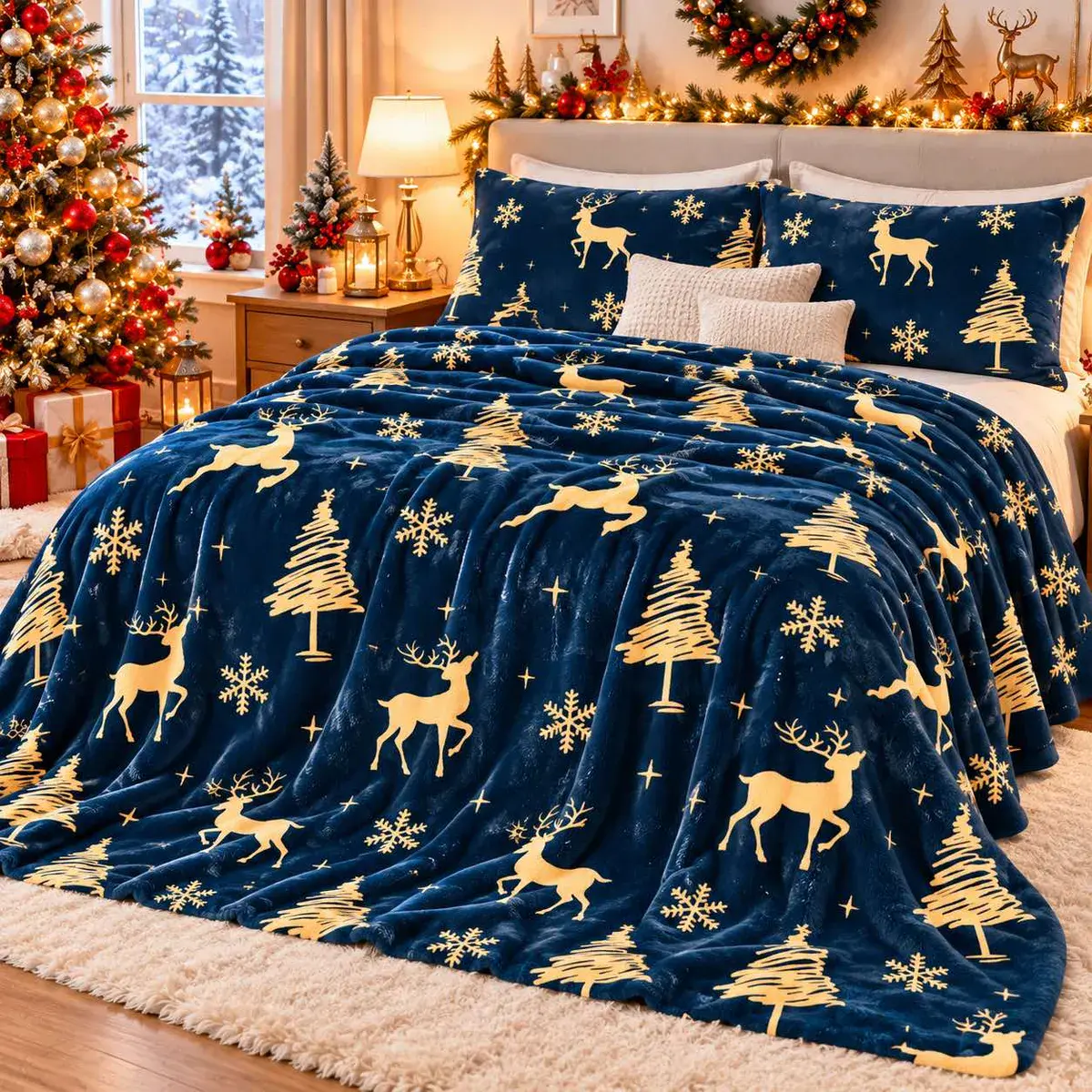 Miękki koc świąteczny granatowy 160x200 cm z reniferami
