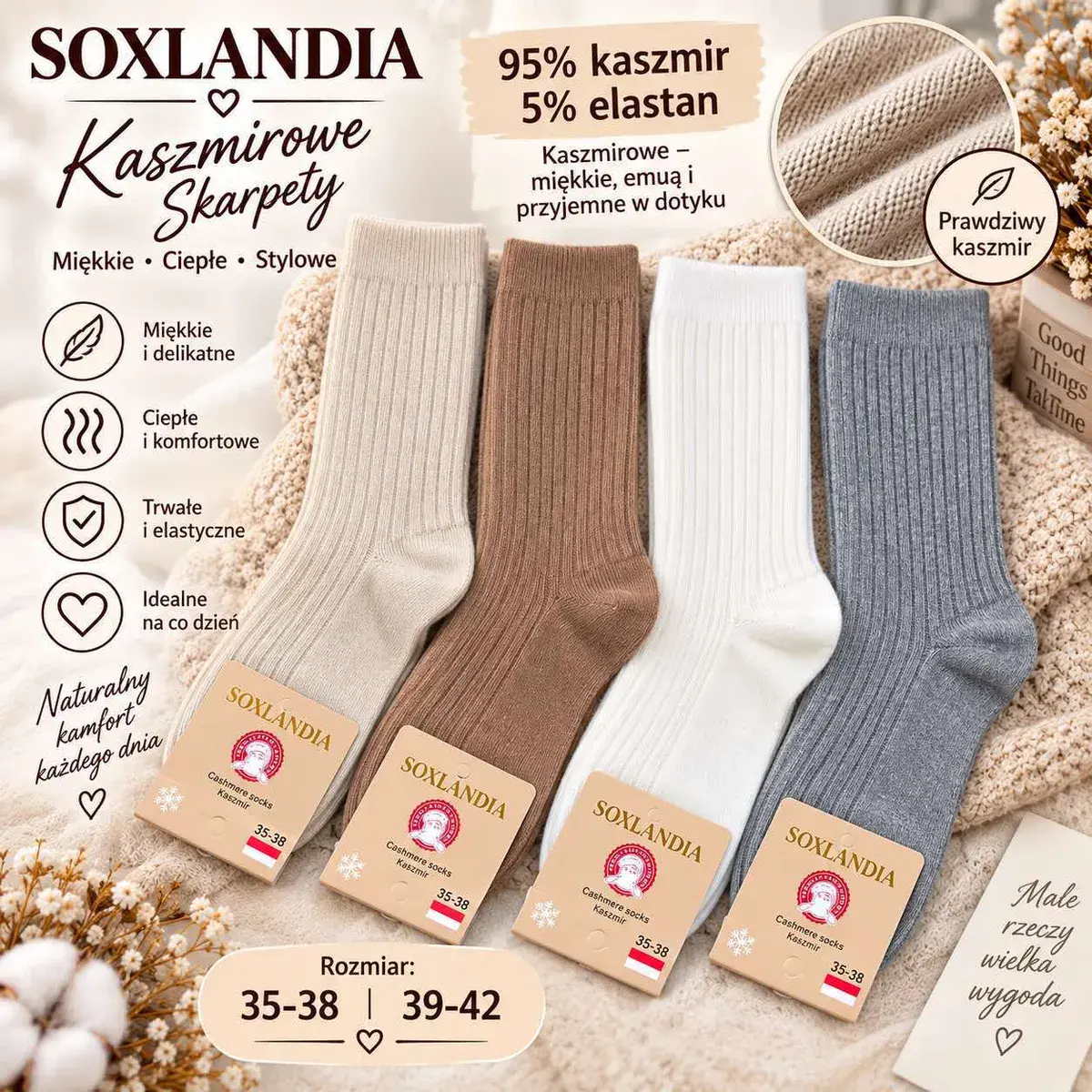 Soxlandia kaszmirowe skarpety damskie 35-38 miękkie ciepłe