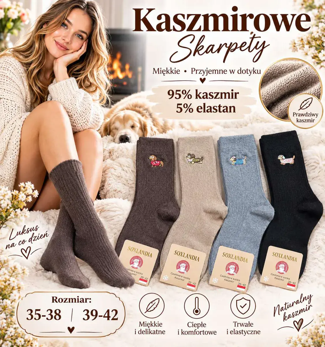 Skarpety kaszmirowe Soxlandia miękkie i ciepłe 35-42