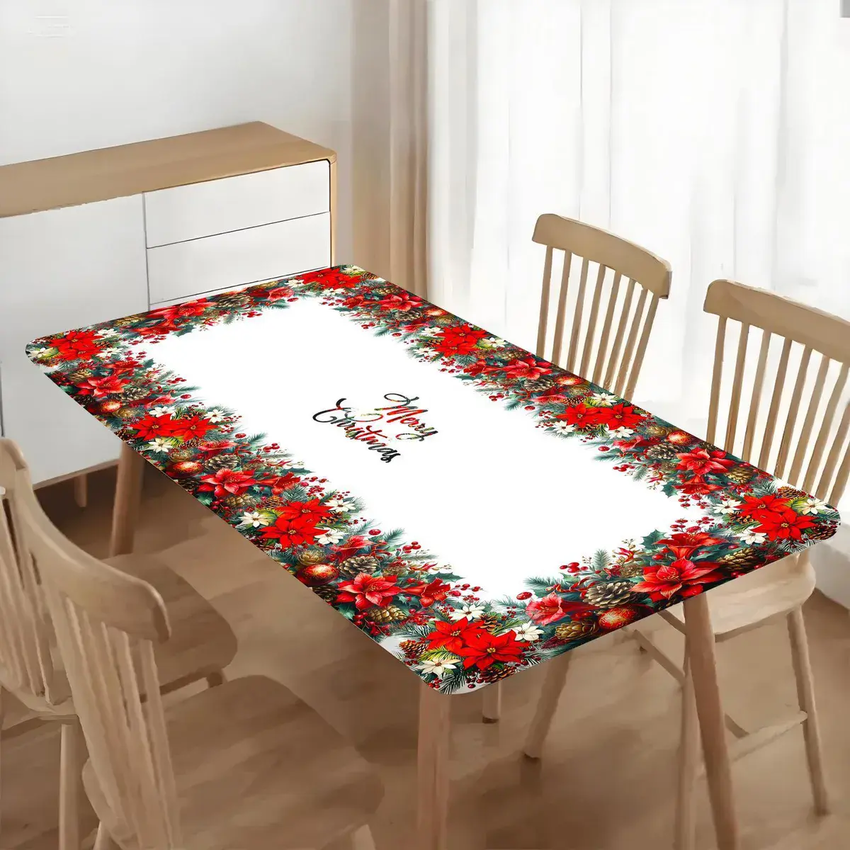 Obrus świąteczny 60x120 cm z motywem poinsecji i napisem Merry Christmas