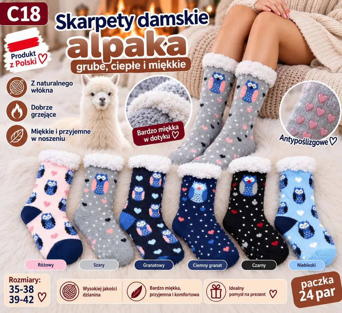 Skarpety damskie alpaka ciepłe miękkie antypoślizgowe mix kolorów