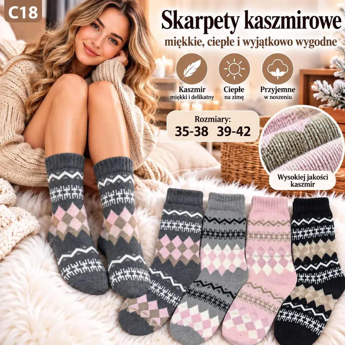 Skarpety kaszmirowe damskie ciepłe miękkie wzory 35-42