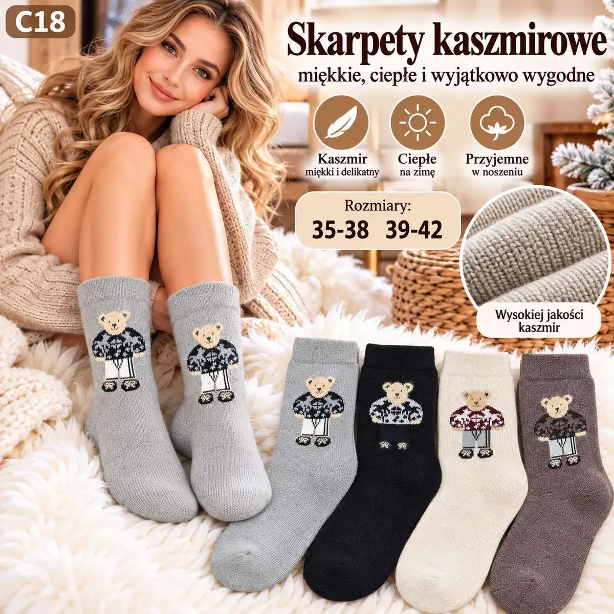 Skarpety kaszmirowe damskie miękkie ciepłe z misiem 35-42