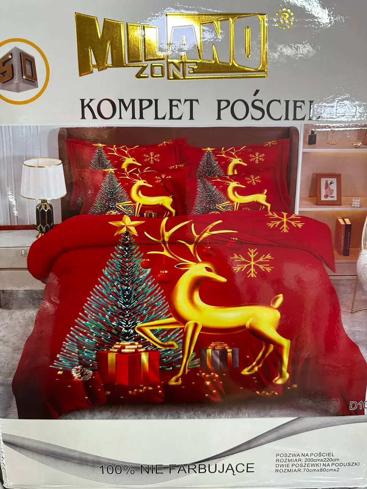 Komplet Pościel Milano Zone 200/220 3cz Bożonarodzeniowy, kolor czerwony ze złotymi i zielonymi akcentami