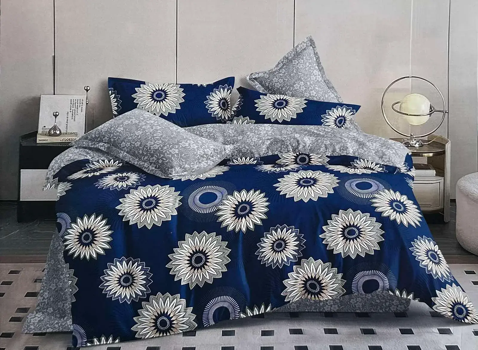 Komplet Pościel MILANO 5D Satyna Bawełna 4 CZ 160/200, kolor granatowy