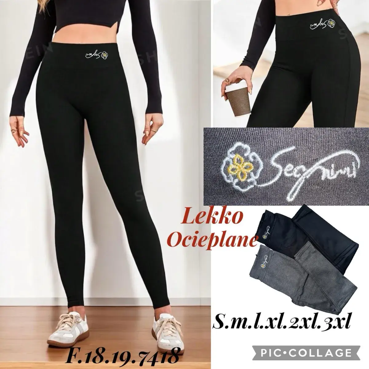 Legginsy damskie czarne lekko ocieplane z haftem Segniwi