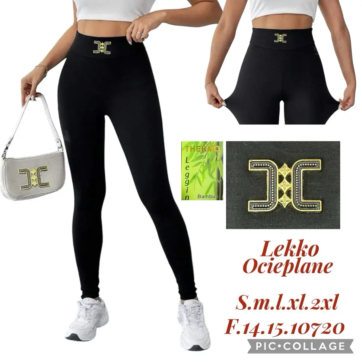Legginsy damskie czarne lekko ocieplane z ozdobną klamrą