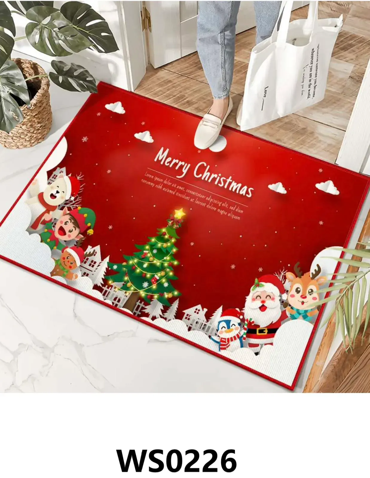 DYWAN ŚWIĄTECZNY Merry Christmas 60x90cm, kolor czerwony z białymi i zielonymi akcentami