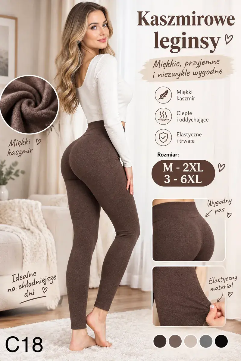 Kaszmirowe legginsy damskie brązowe elastyczne wygodne