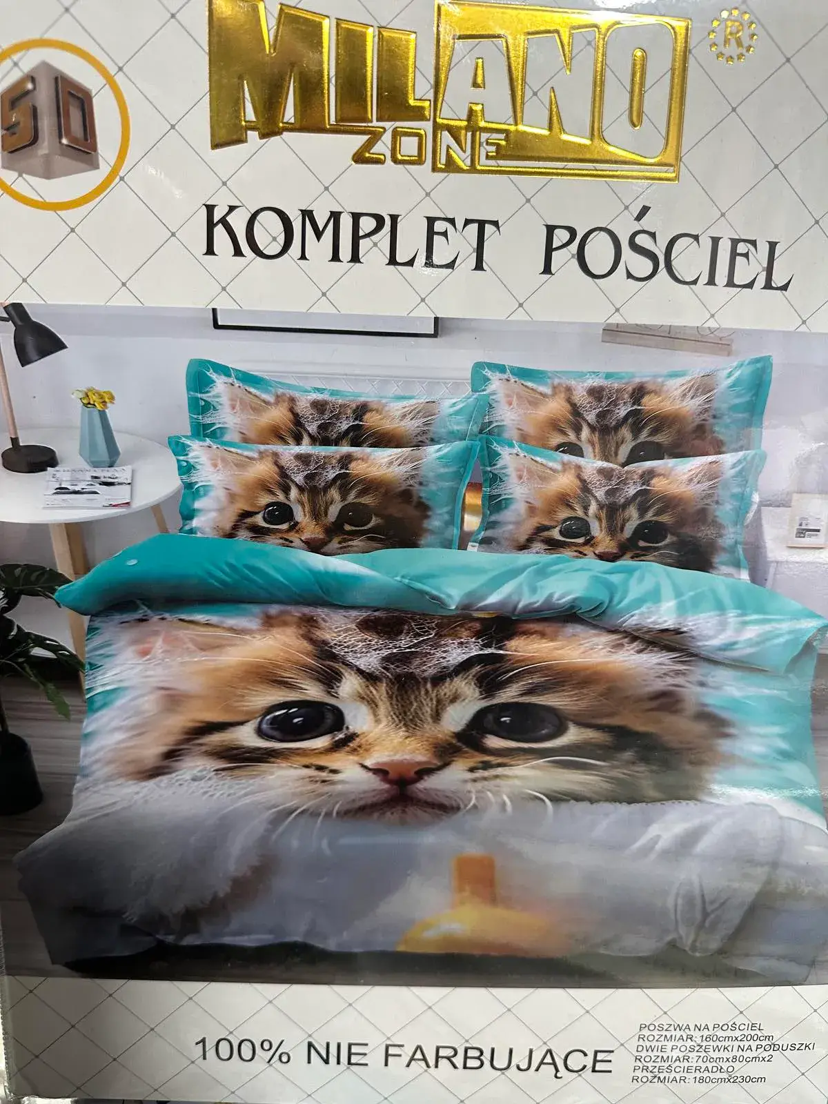 Komplet Pościel 4cz Milano 160/200 Koty Turkusowe, kolor turkusowy