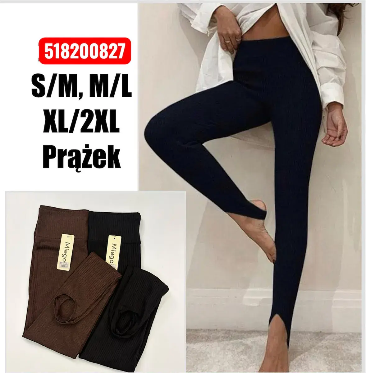 Legginsy prążkowane z wycięciem na stopę czarne i brązowe