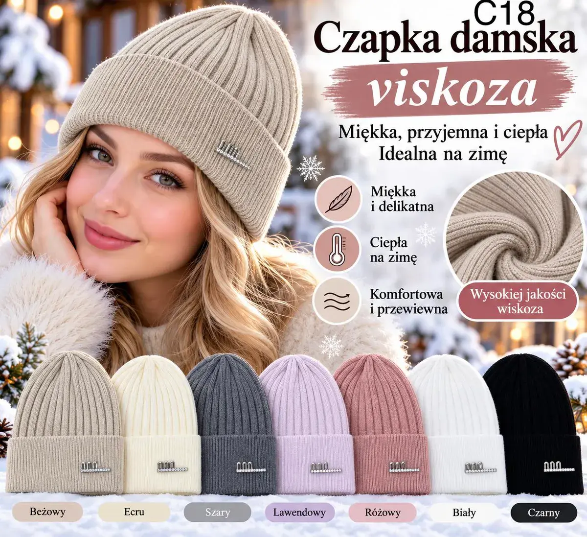 Czapka damska z wysokiej jakości wiskozy miękka i ciepła, w wielu kolorach