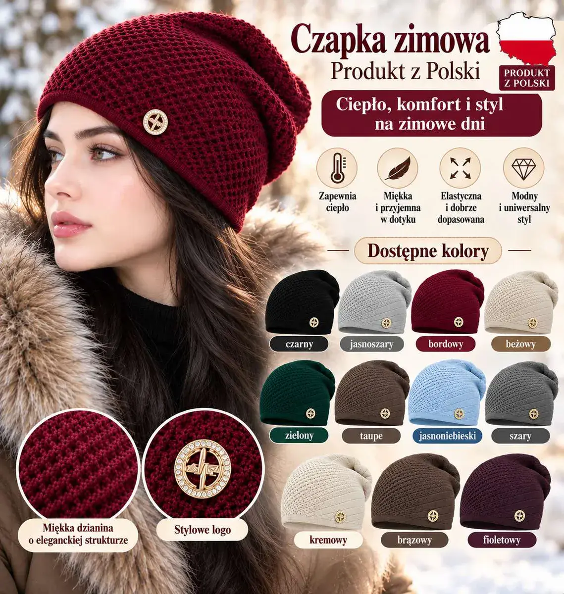 Czapka zimowa damska bordowa miękka dzianina z logo