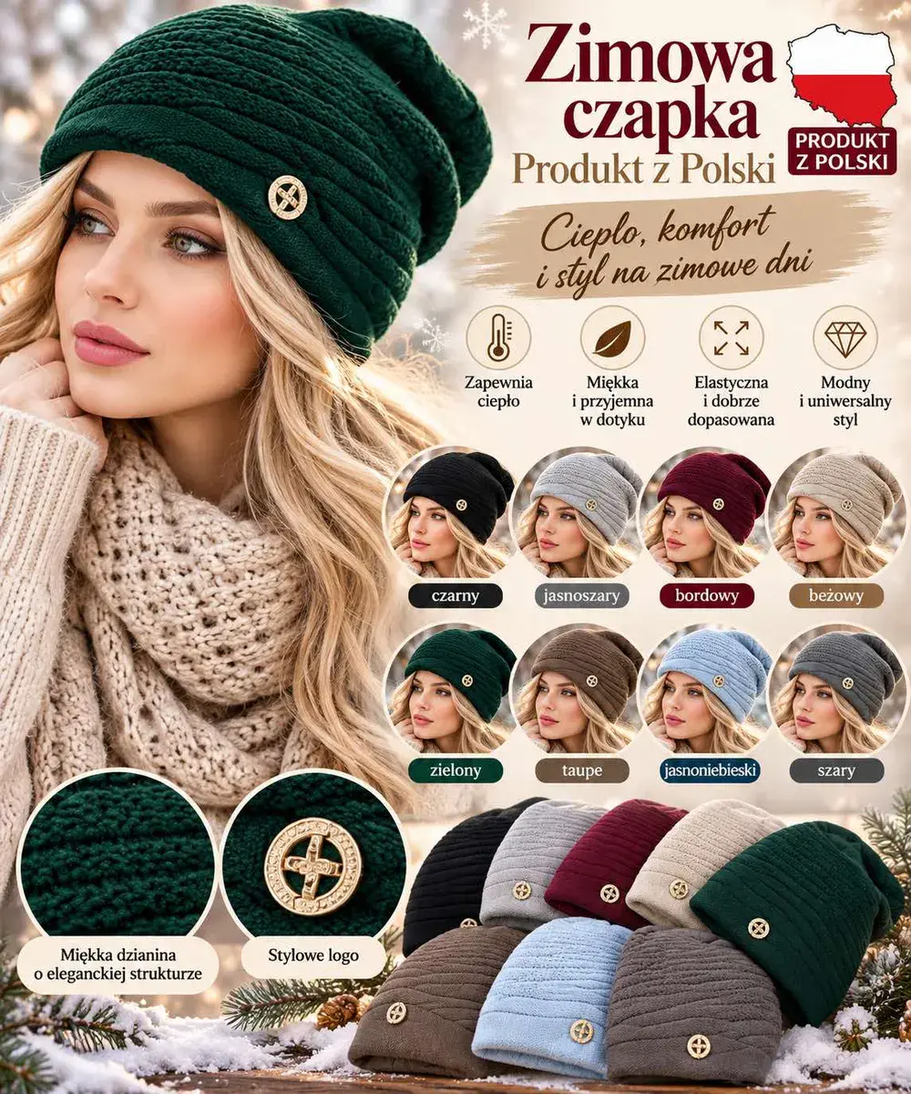 Zimowa czapka damska zielona miękka dzianina z logo