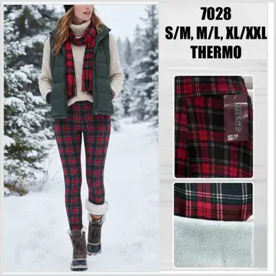 Legginsy damskie termo w kratę czerwono-zieloną 7028