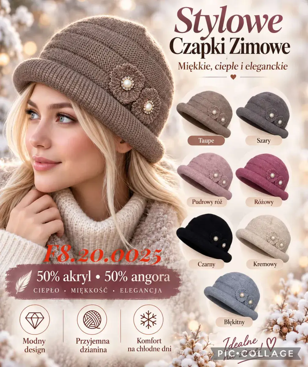 Stylowa czapka zimowa damska 50% akryl 50% angora mix kolorów