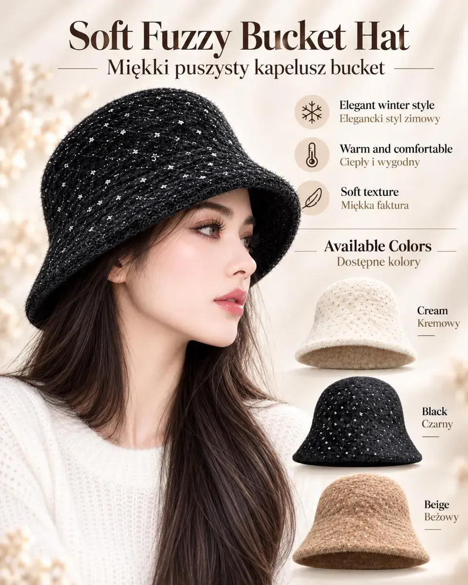 Miękki puszysty kapelusz bucket damski kremowy czarny beżowy