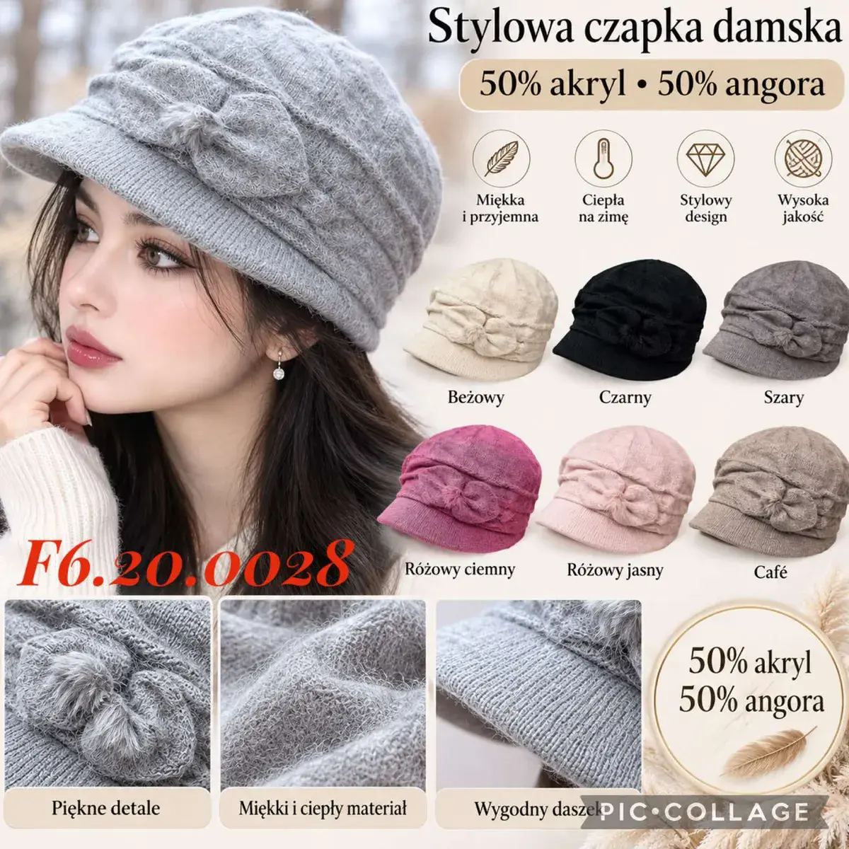 Stylowa czapka damska z daszkiem 50% akryl 50% angora mix kolorów
