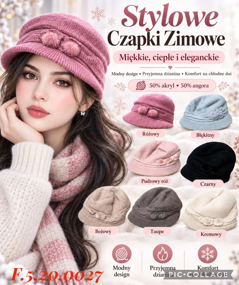 Stylowa czapka zimowa damska z pomponami mix kolorów 50% akryl 50% angora