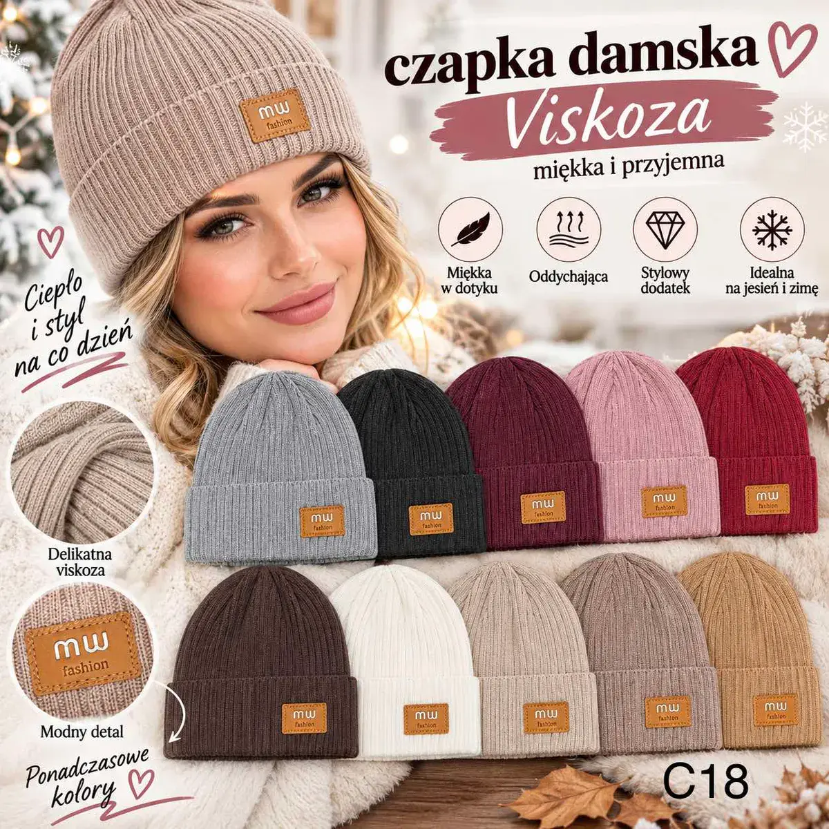 Czapka damska z wiskozy miękka modny detal różne kolory