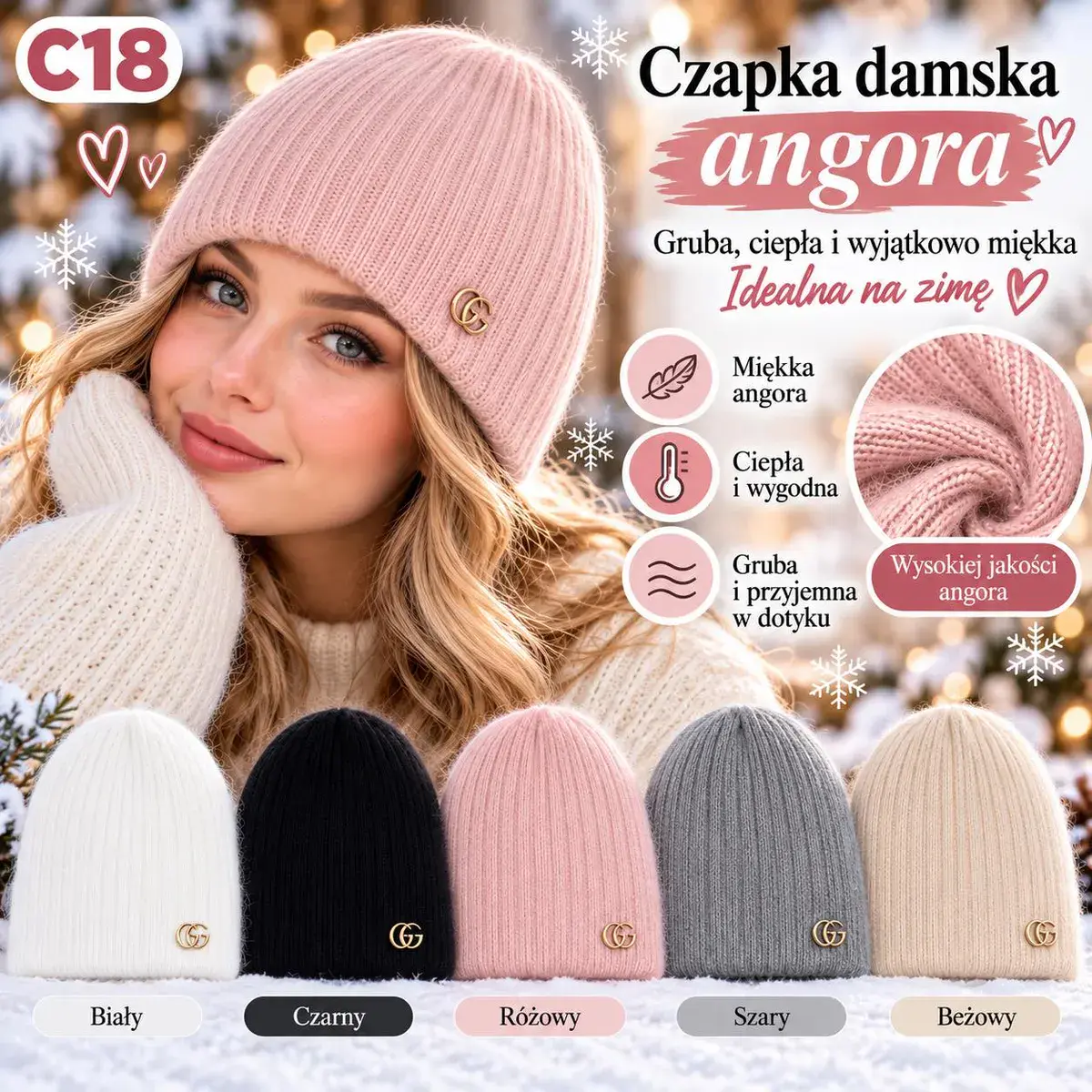 Czapka damska angora miękka ciepła różowa i inne kolory