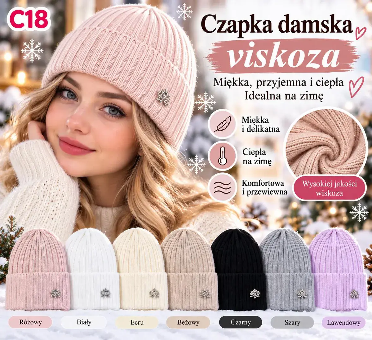 Czapka damska z wysokiej jakości wiskozy miękka i ciepła, w wielu kolorach – wzór 3