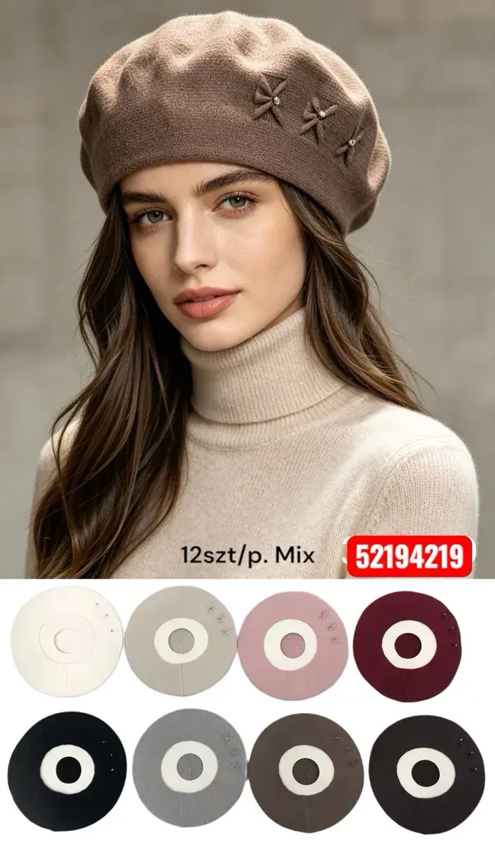 Beret damski ozdobny z kokardkami mix kolorów