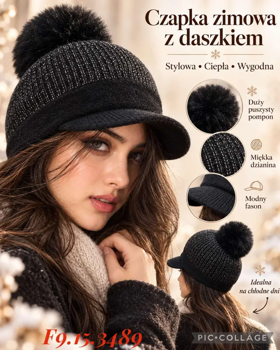 Czapka zimowa z daszkiem czarna z dużym pomponem