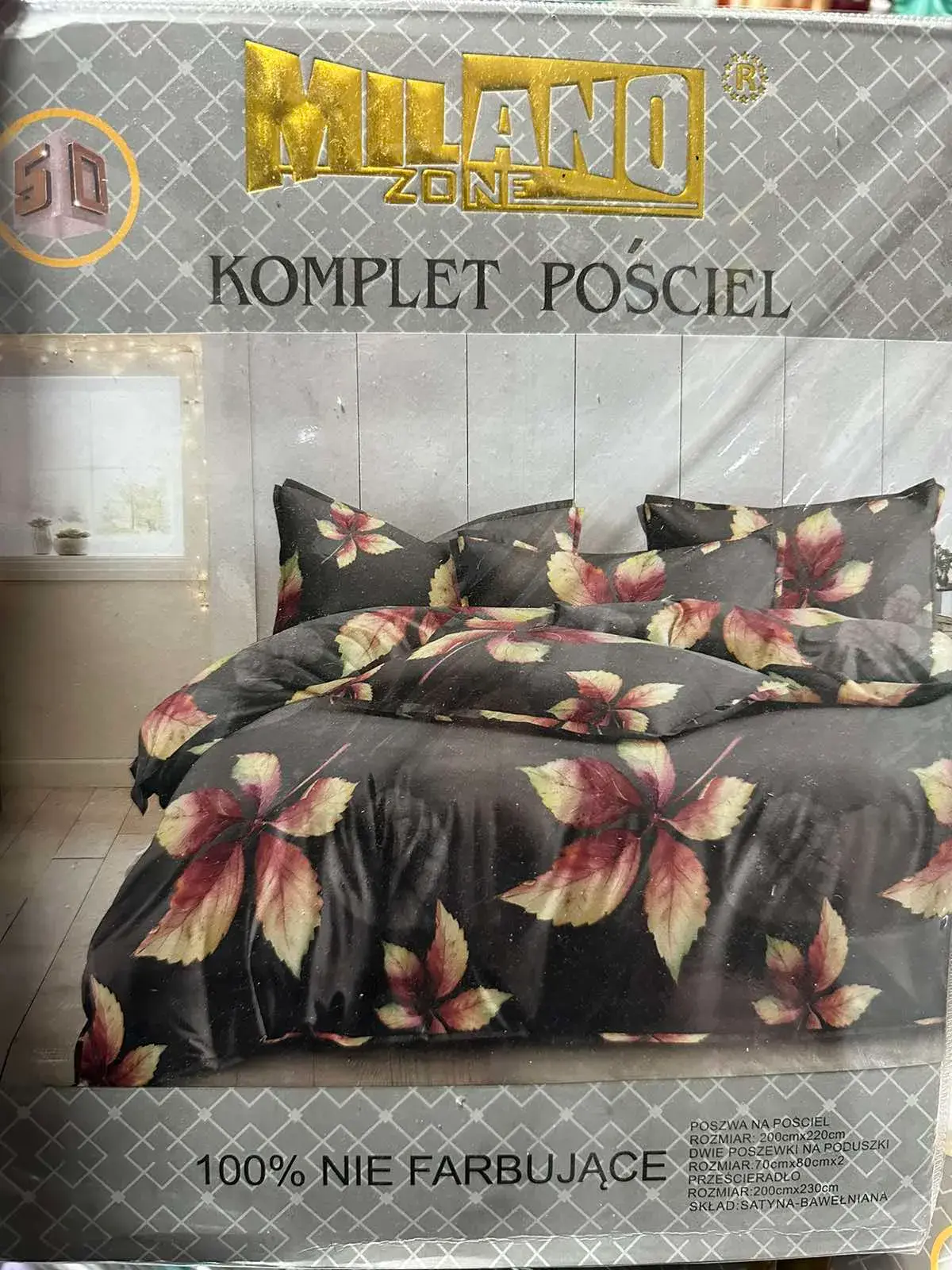 Komplet Pościel 4CZ Milano Zone 200/220, kolor ciemnoszary ze wzorem liści bordo-złotych