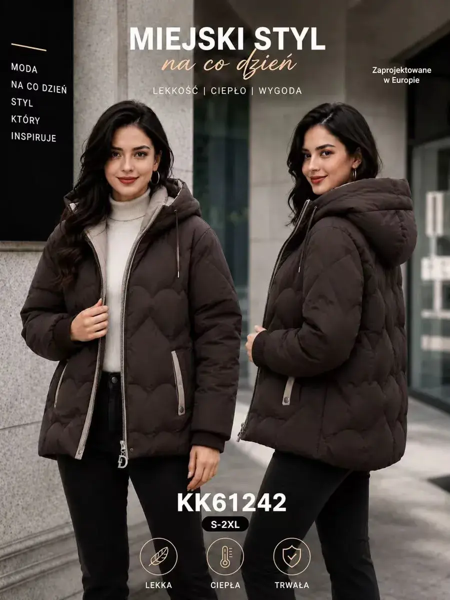 Kurtka damska pikowana brązowa z kapturem KK61242 S-2XL