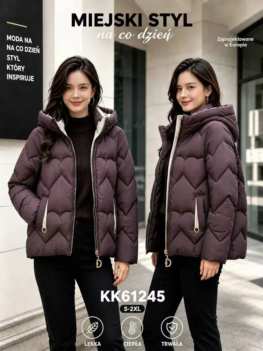 Kurtka damska pikowana KK61245 brązowa z kapturem S-2XL
